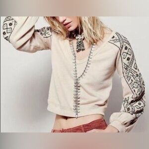 Free People Cream and Black Embroidered Sweatshirt